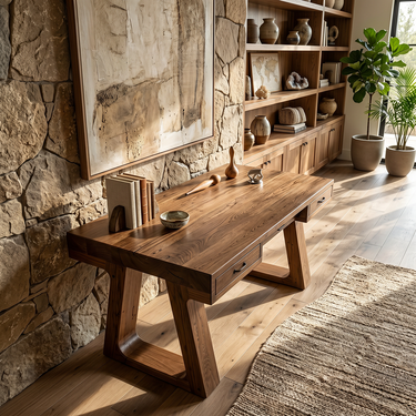 Sculptural Natural Wood Desk with Dual Drawers and Open Frame Base
