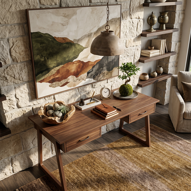 Modern Natural Wood Desk with Dual Drawer Storage and Angled Frame