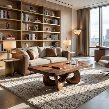 Square Natural Wood Coffee Table with Interwoven Sculptural Base