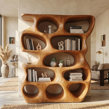Honeycomb Solid Wood Bookshelf With Organic Sculpted Compartments