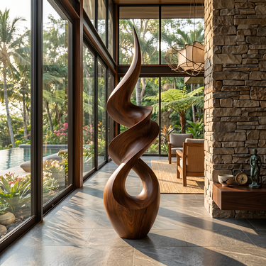Abstract Twisted Solid Wood Sculpture Handcarved Modern Wooden Floor Art