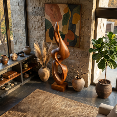 Large Abstract Solid Wood Sculpture Modern Hand Carved Wood Statue for Luxury Interior Decor