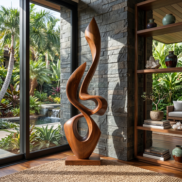Tall Abstract Solid Wood Sculpture for Modern Home Interior