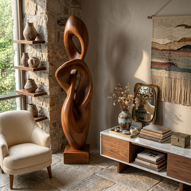 Sculptural Open Form Floor Art in Natural Wood