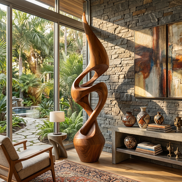Contemporary Floor Sculpture in Natural Wood with Open Curves