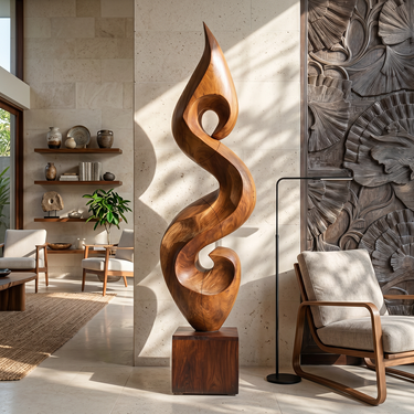 Elegant Spiral Floor Sculpture in Natural Wood Accent
