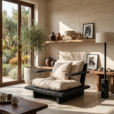 Low Profile Natural Wood Lounge Chair with Wide Cushioned Seat