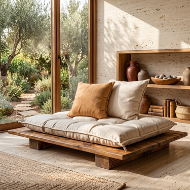 Low Platform Natural Wood Floor Seat with Tufted Cushion
