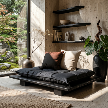 Low Platform Natural Wood Floor Seat with Tufted Cushion