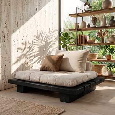 Low Platform Natural Wood Lounge Seat with Cushioned Top