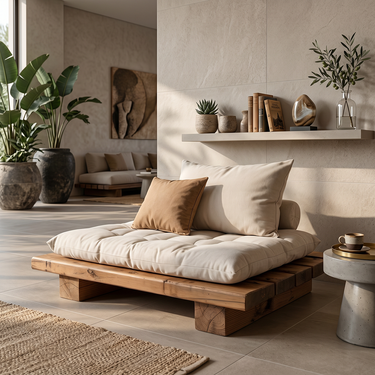 Low Platform Natural Wood Lounge Seat with Cushioned Top