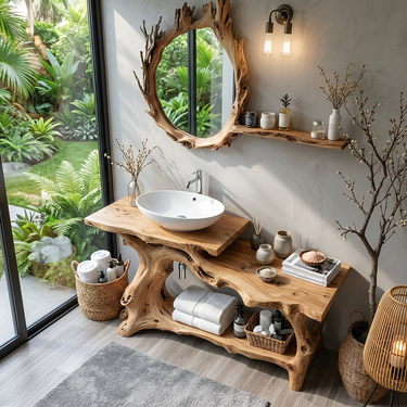 Natural Root Solid Wood Bathroom Vanity for Organic Modern Spaces