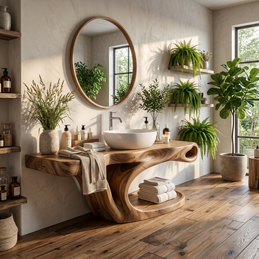 Sculptural Solid Wood Bathroom Vanity with Organic Curved Base