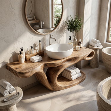 Sculptural Solid Wood Bathroom Vanity with Organic Curved Base