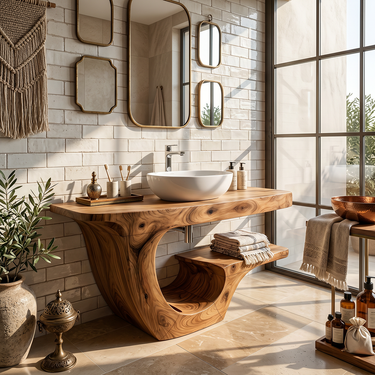 Organic Solid Wood Bathroom Vanity with Carved Flowing Form