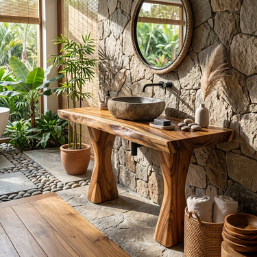 Handcrafted Solid Wood Vanity Console with Sculpted Twin Pedestal Base