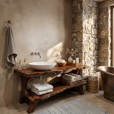 Live Edge Solid Wood Bathroom Vanity with Rustic Modern Shelf