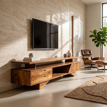 Asymmetrical Platform TV Console With Open Center Shelf
