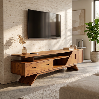 Angular Shelf TV Console With Asymmetrical Storage