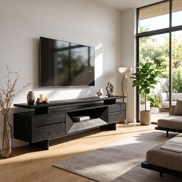 Elevated Shelf TV Console With Geometric Open Center
