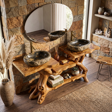 Twin Vessel Bathroom Vanity with Branch Frame and Tiered Shelves