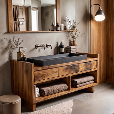 Modern Bathroom Vanity Cabinet With Open Shelves For Storage.