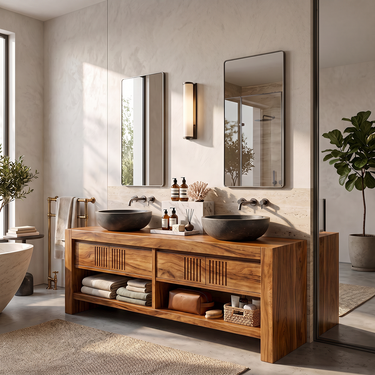 Double Sink Solid Wood Bathroom Vanity with Open Shelf Storage