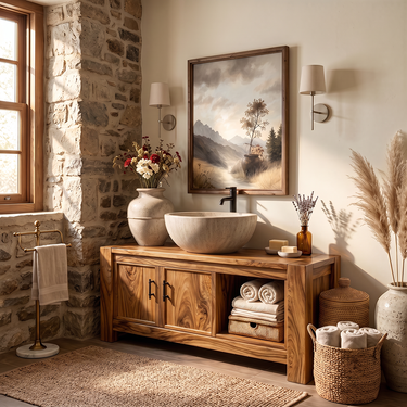 Rustic Solid Wood Bathroom Vanity with Sliding Door Shelf