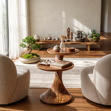 Offset Two Tier Side Table With Sculptural Base in Natural Wood