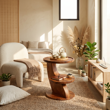 Curved Shelf Accent Side Table in Natural Wood