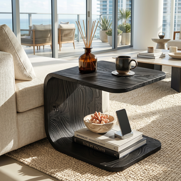 Curved C Shape Side Table With Open Storage in Natural Wood