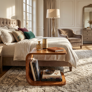 Curved C Shape Side Table With Open Storage in Natural Wood