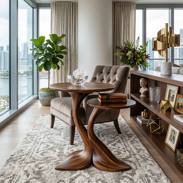 Dual Pedestal Wood Side Table with Sculptural Tiered Tops