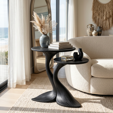 Dual Pedestal Wood Side Table with Sculptural Tiered Tops