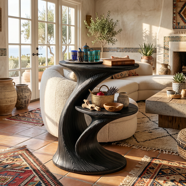 Flowing Wood Side Table with Tiered Sculptural Shelves