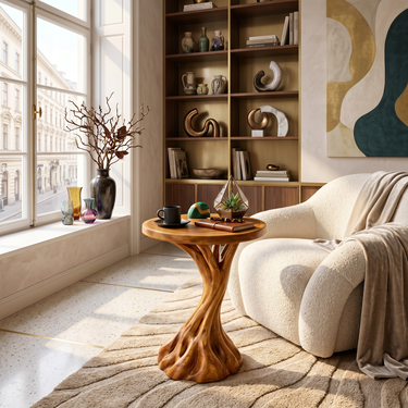Root Inspired Wood Side Table with Round Top