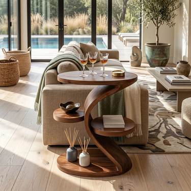 Curved Wood Side Table with Multi Tier Shelves and Storage Base