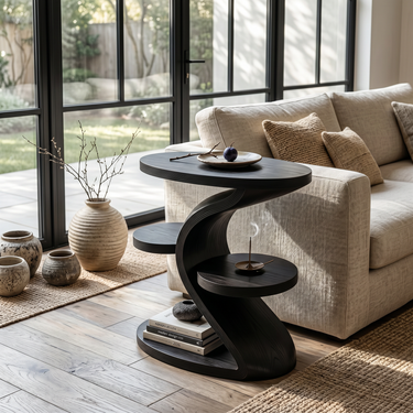 Curved Wood Side Table with Multi Tier Shelves and Storage Base