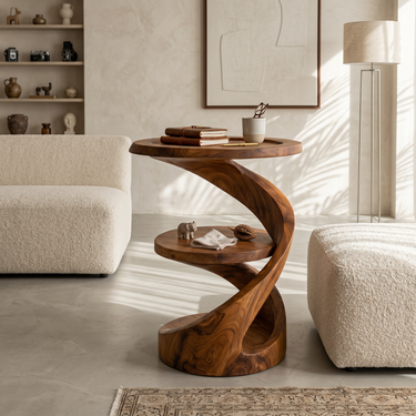 Twisted Wood Side Table with Dual Tier Serving Design