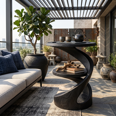 Twisted Wood Side Table with Dual Tier Serving Design