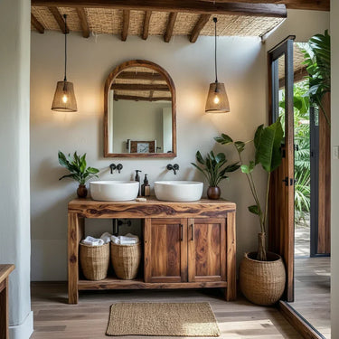 Double Sink Bathroom Vanity with Open Shelf and Cabinet Storage