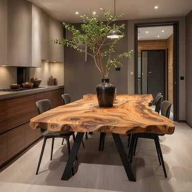 Live Edge Dining Table with Organic Slab Top and Angled Base