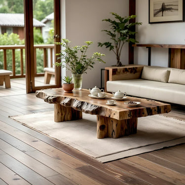 Live Edge Solid Wood Coffee Table with Rustic Block Base
