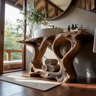 Organic Solid Wood Vanity Console with Sculptural Base for Bathroom