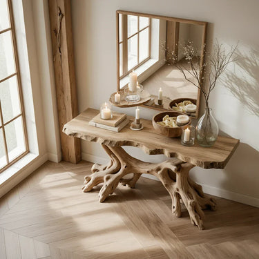 Natural Root Base Console Table Handcrafted Solid Wood Sculptural Table