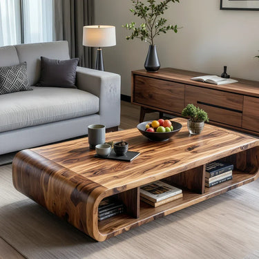 Live Edge Curved Wood Coffee Table with Open Shelf Storage