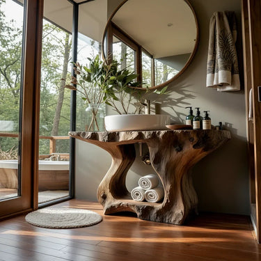 Sculptural Bathroom Vanity With Open Shelf in Natural Wood