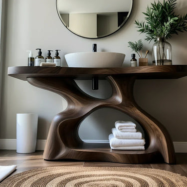 Sculptural Solid Wood Bathroom Vanity with Organic Base