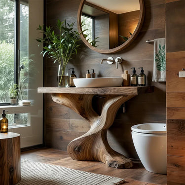 Live Edge Solid Wood Bathroom Vanity with Organic Sculpted Base