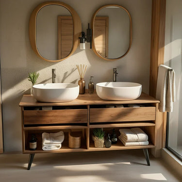 Double Sink Bathroom Vanity with Drawers and Open Shelf Storage